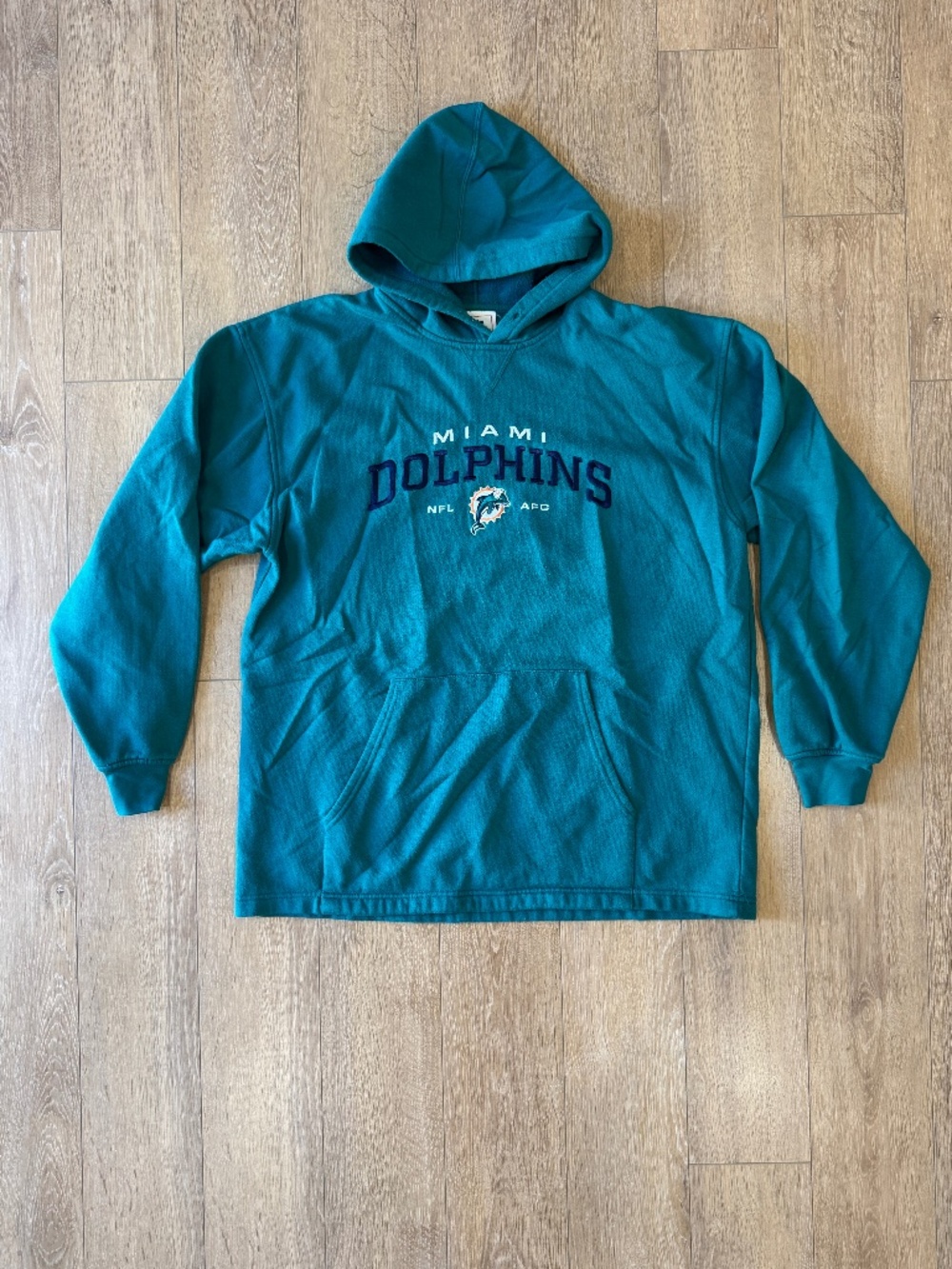 Vintage Miami Dolphins NFL Embroidered Hoodie Teal Pullover Sweatshirt Mens L/XL
